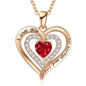18kt Gold Plate Heart Pendant 18" + 2" Ext Necklace Red Gem accent CZs